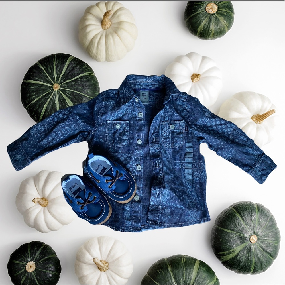 12M Baby b’gosh denim top never worn! 6-9M Carter’s infant shoes never worn!